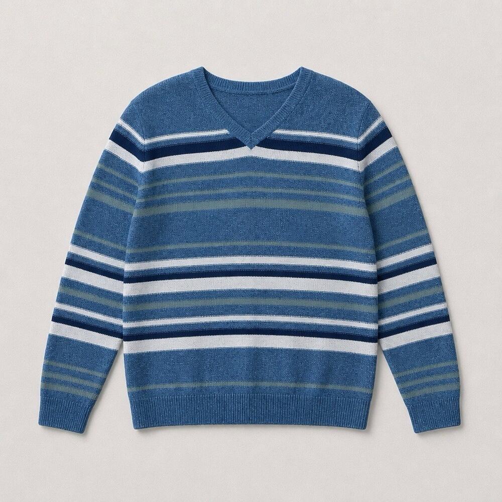 Lucky Brand Sweater NWT Mens XL Pullover Knit V-Neck Blue Striped Long Sleeve